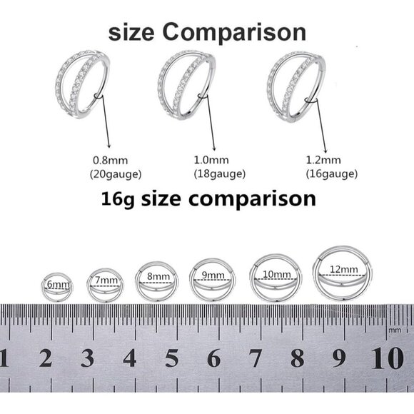 Unisex Double CZ Hoop Nose Ring - 316L Steel, 16G, 6mm, Silver - Picture 4 of 7